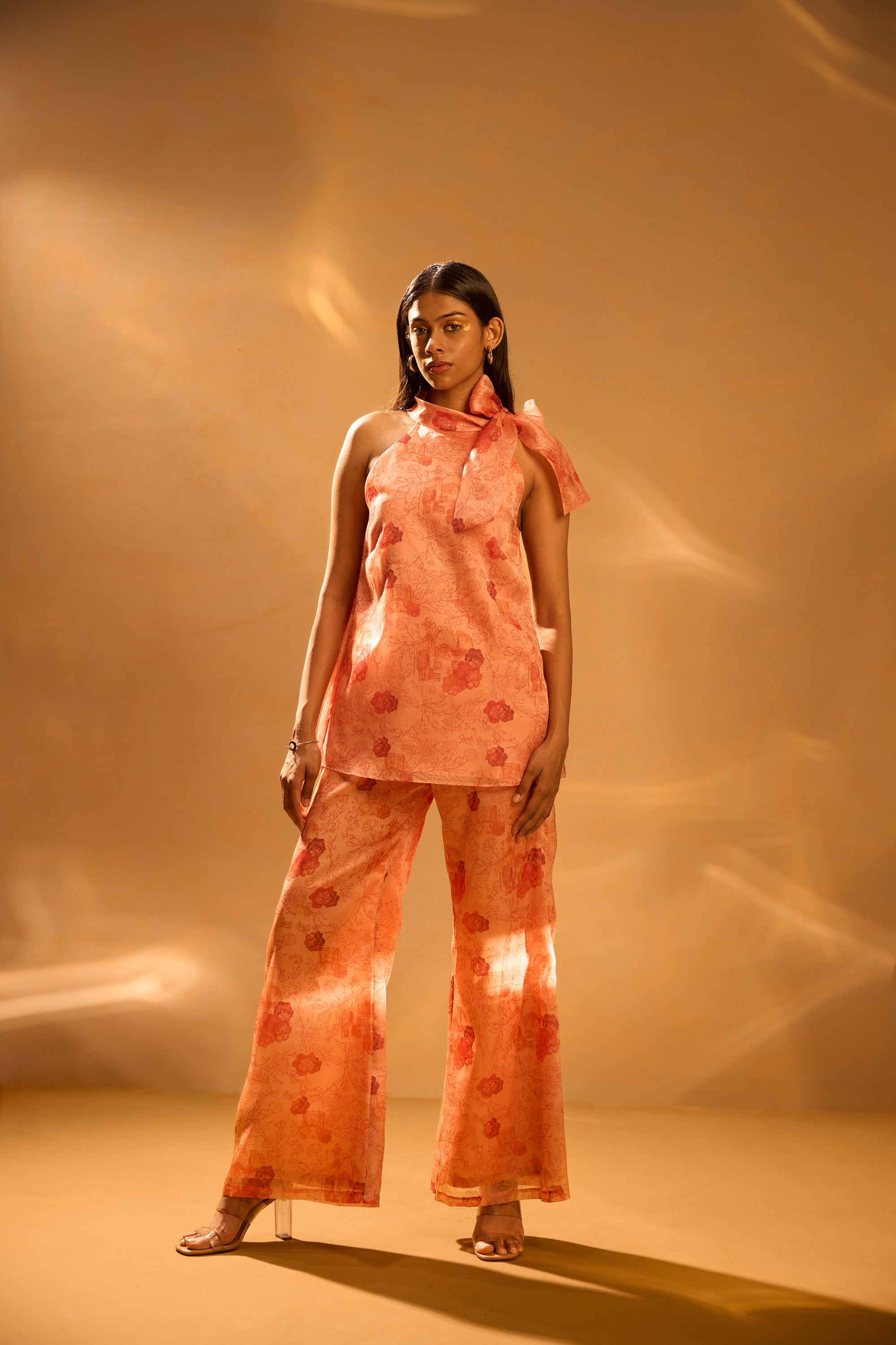 Printed Sleeveless Tie-up Top & Printed Satin Organza Flared Pants
