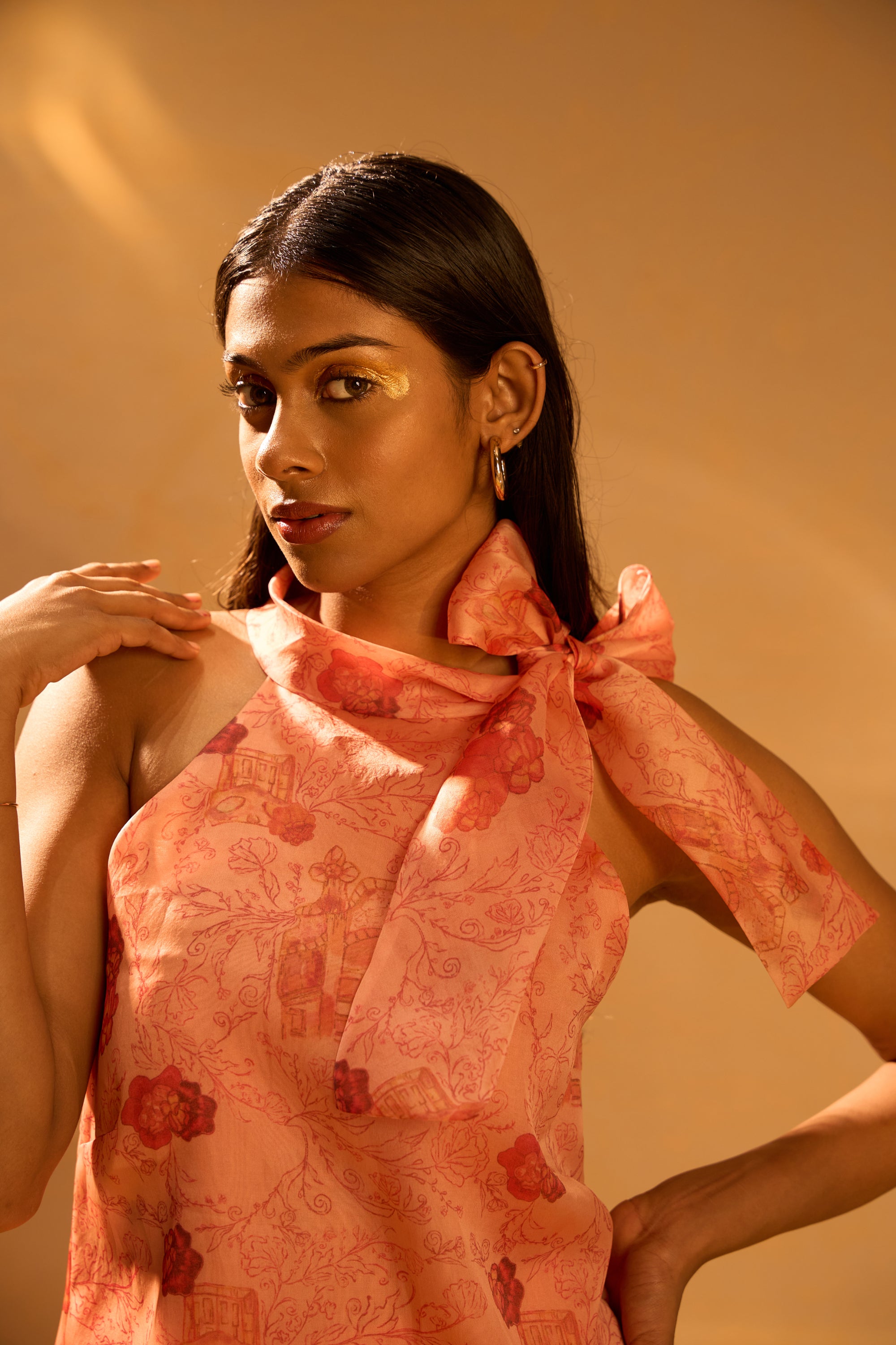 Printed Sleeveless Tie-up Top & Printed Satin Organza Flared Pants