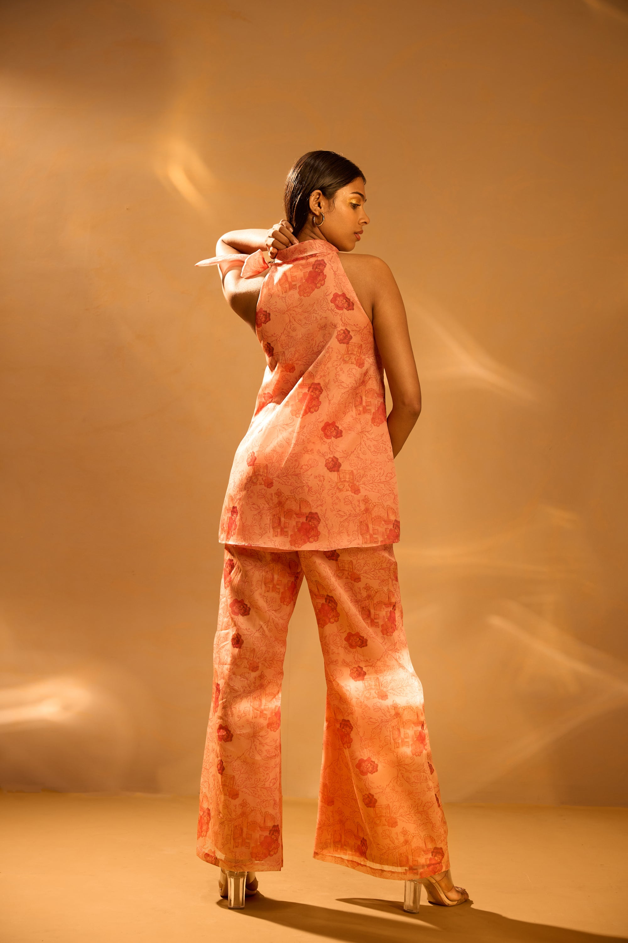 Printed Sleeveless Tie-up Top & Printed Satin Organza Flared Pants