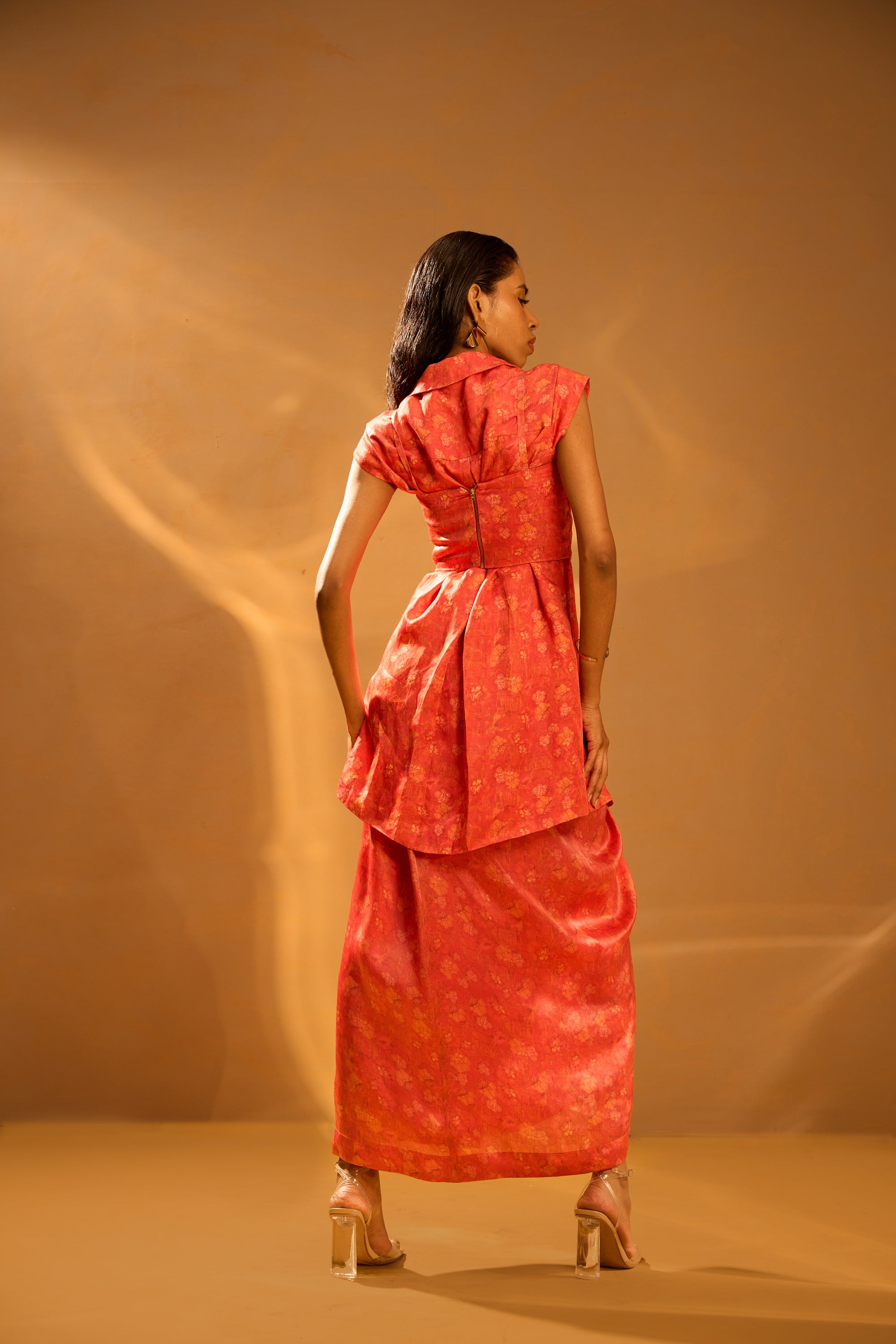 Cap Sleeve Lapel Jacket, Center-front pleated printed skirt & Printed corset