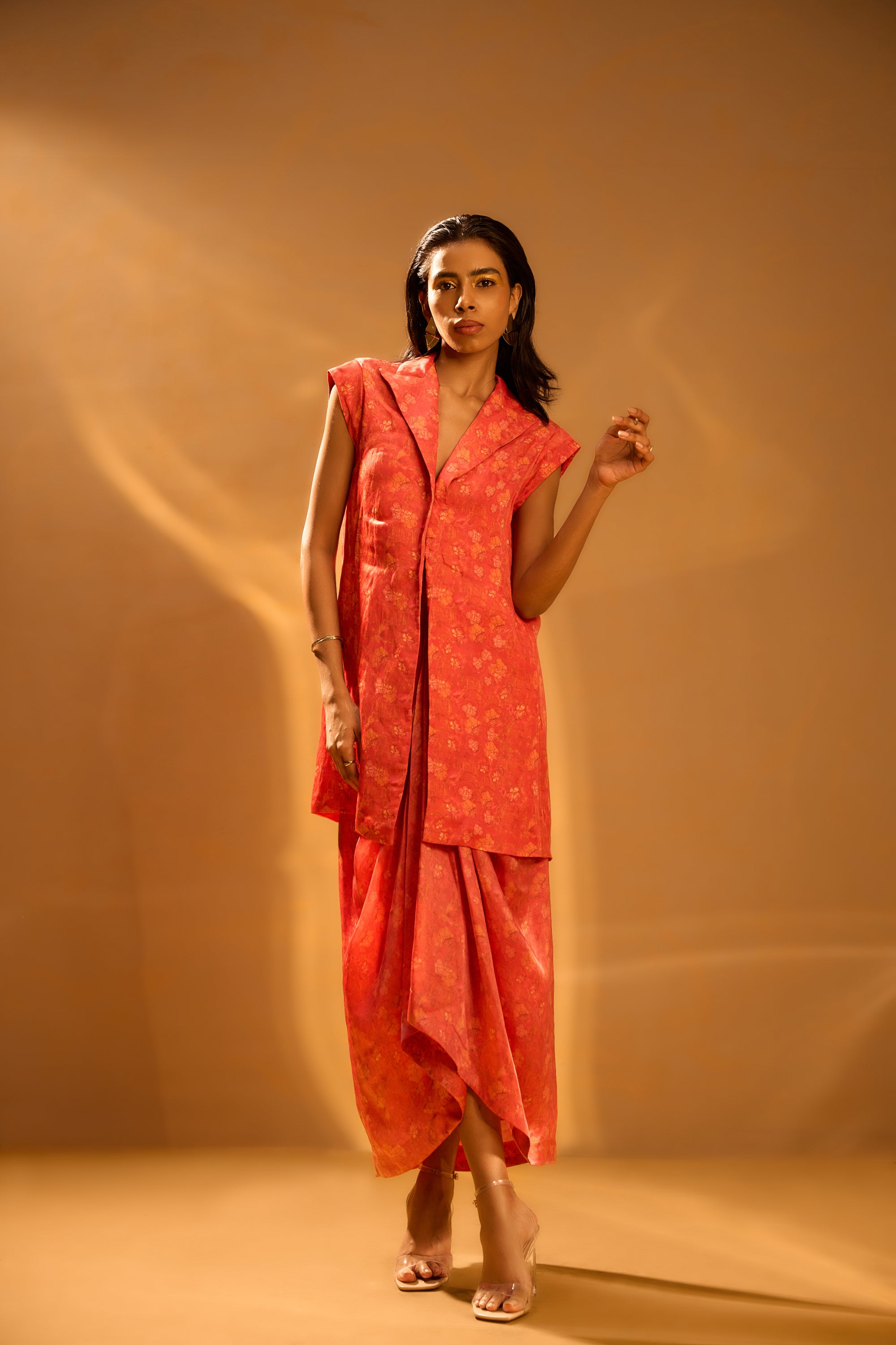 Cap Sleeve Lapel Jacket, Center-front pleated printed skirt & Printed corset