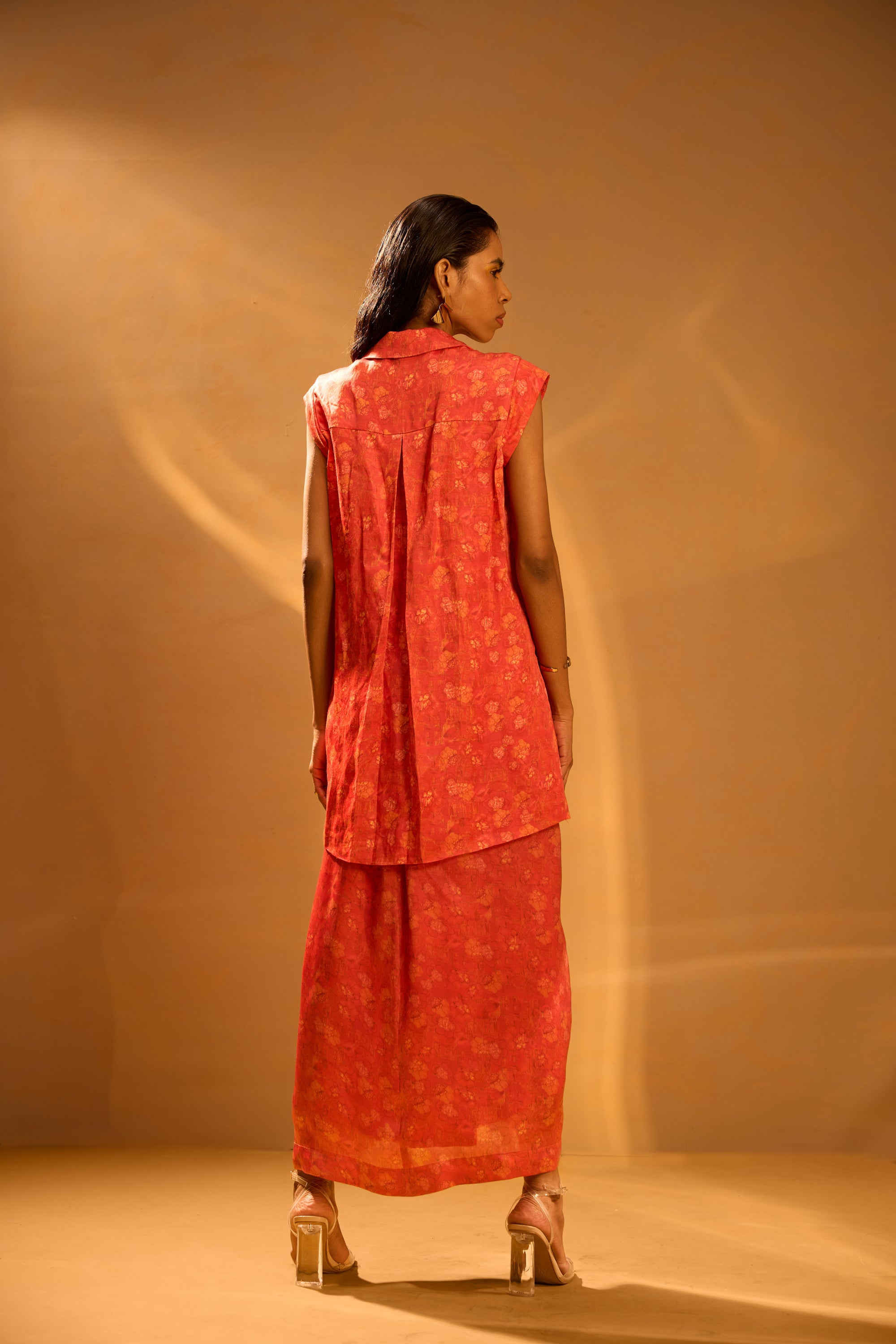 Cap Sleeve Lapel Jacket, Center-front pleated printed skirt & Printed corset