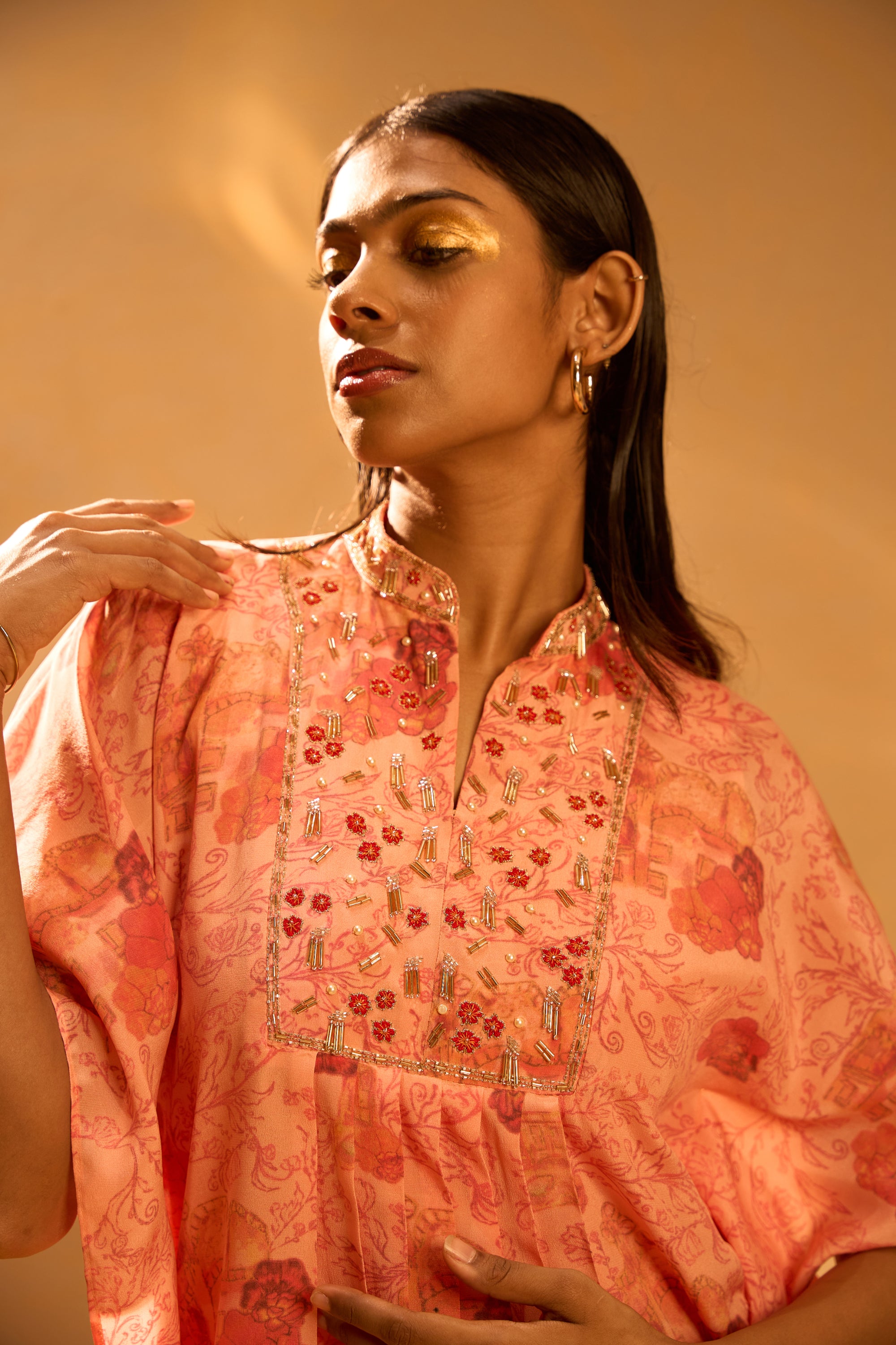 Short Printed Embroidered Kaftan with Slip & Box-Pleated Pants