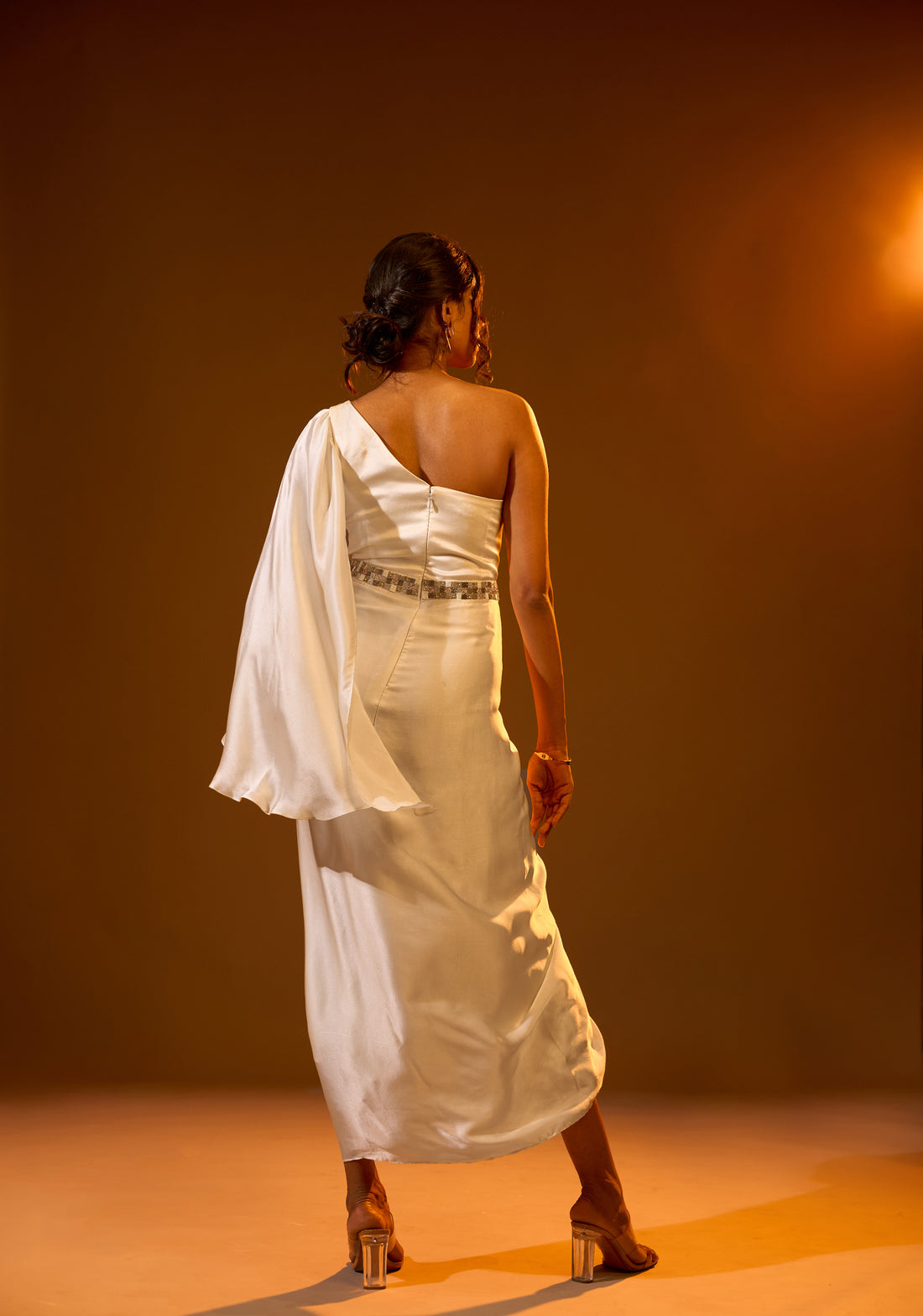 Embroidered one shoulder cape gown