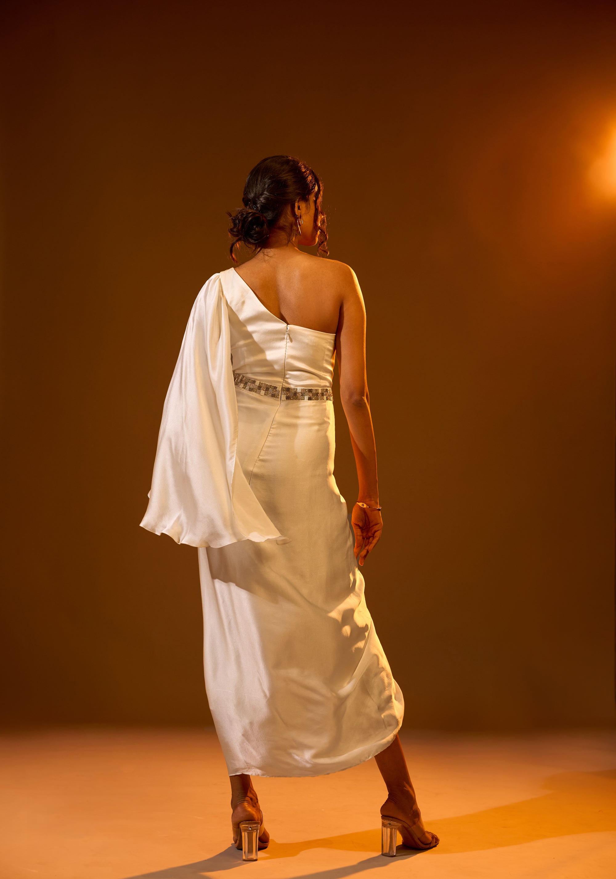 Embroidered one shoulder cape gown
