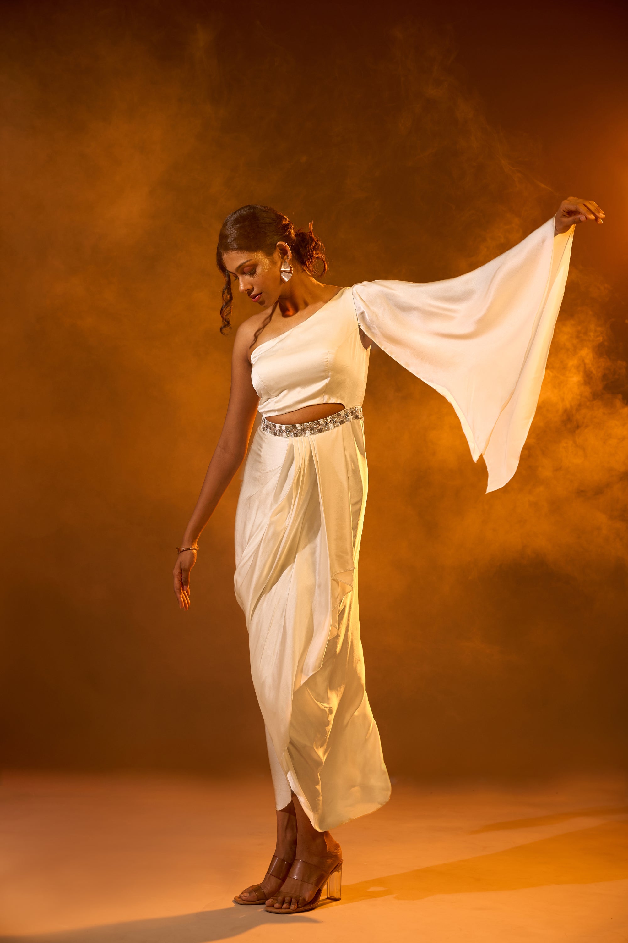 Embroidered one shoulder cape gown