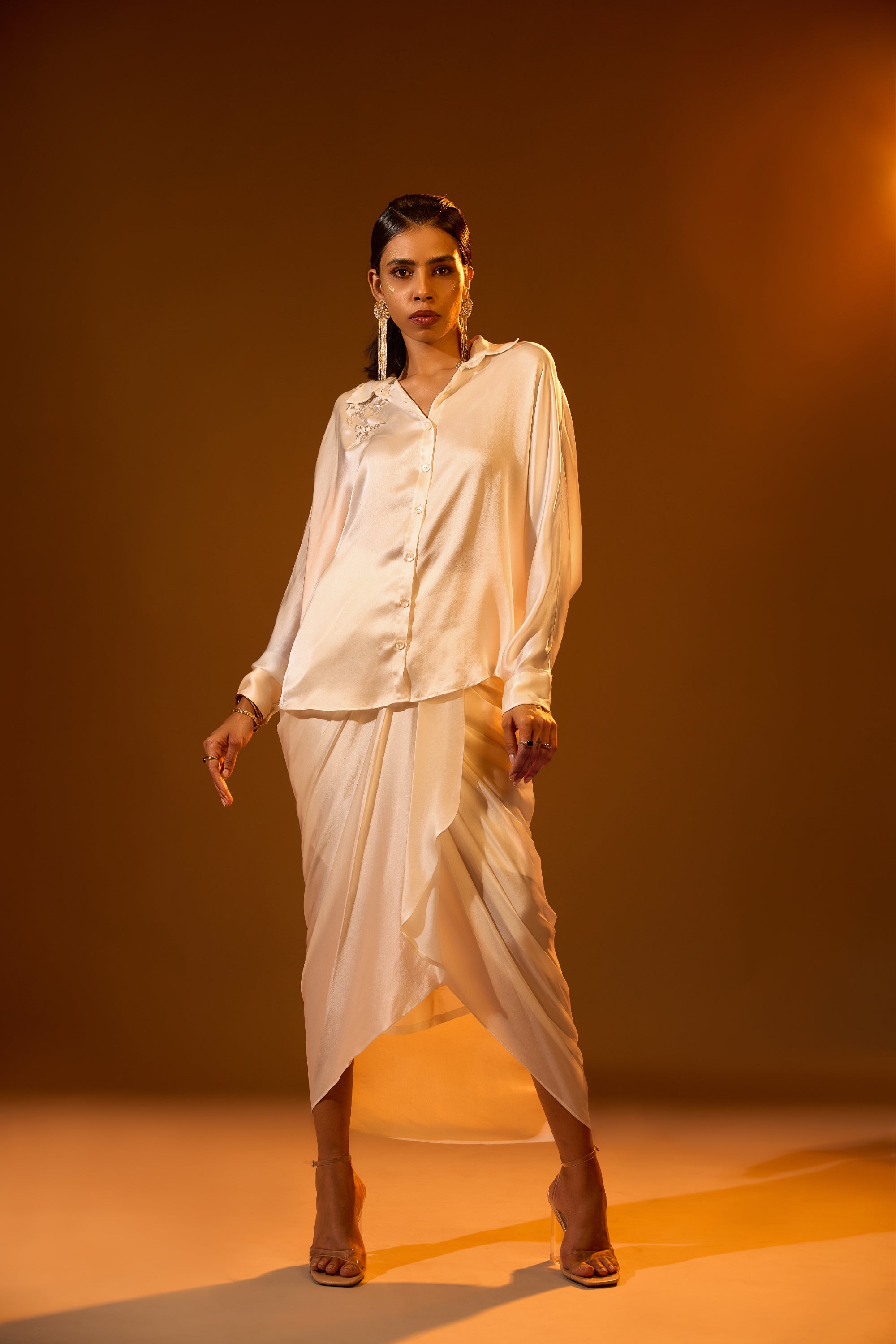 Floral Embroidery Relaxed Shirt & Overlap Pleated Draped Skirt