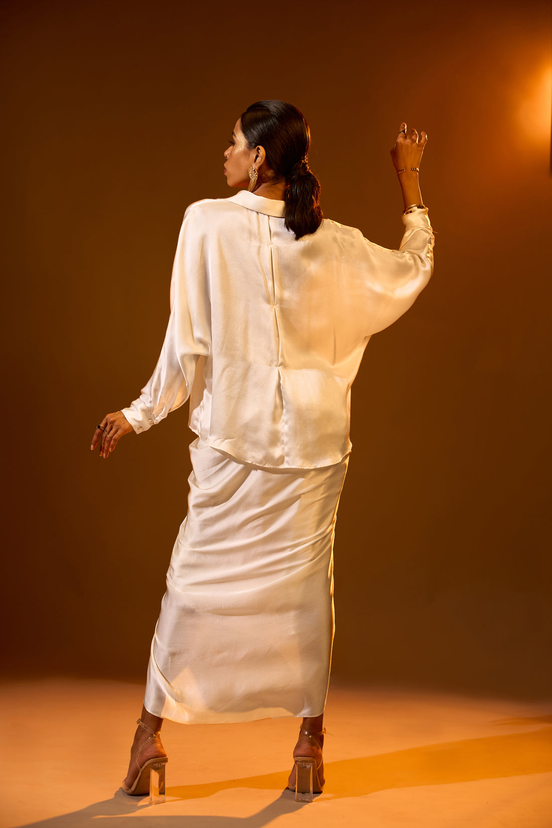 Floral Embroidery Relaxed Shirt & Overlap Pleated Draped Skirt