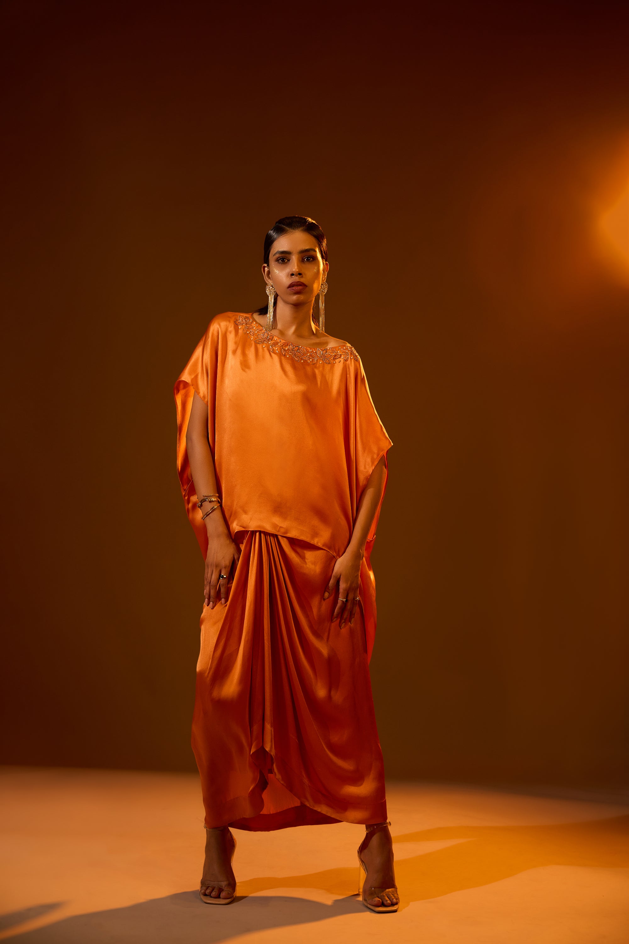 Assysmetric Embellished Neckline Cape Top & Center Front Pleated Draped Skirt