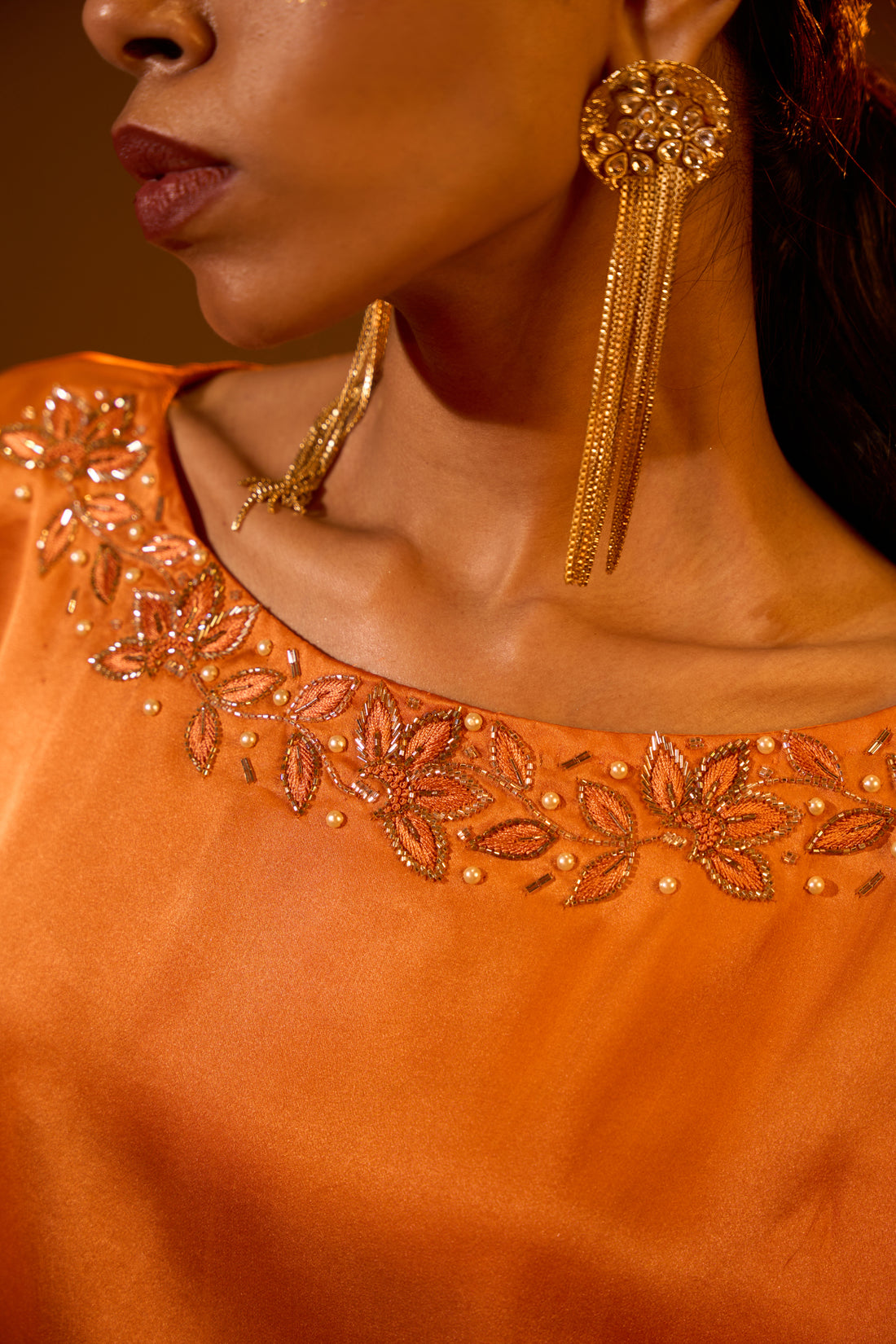 Assysmetric Embellished Neckline Cape Top & Center Front Pleated Draped Skirt