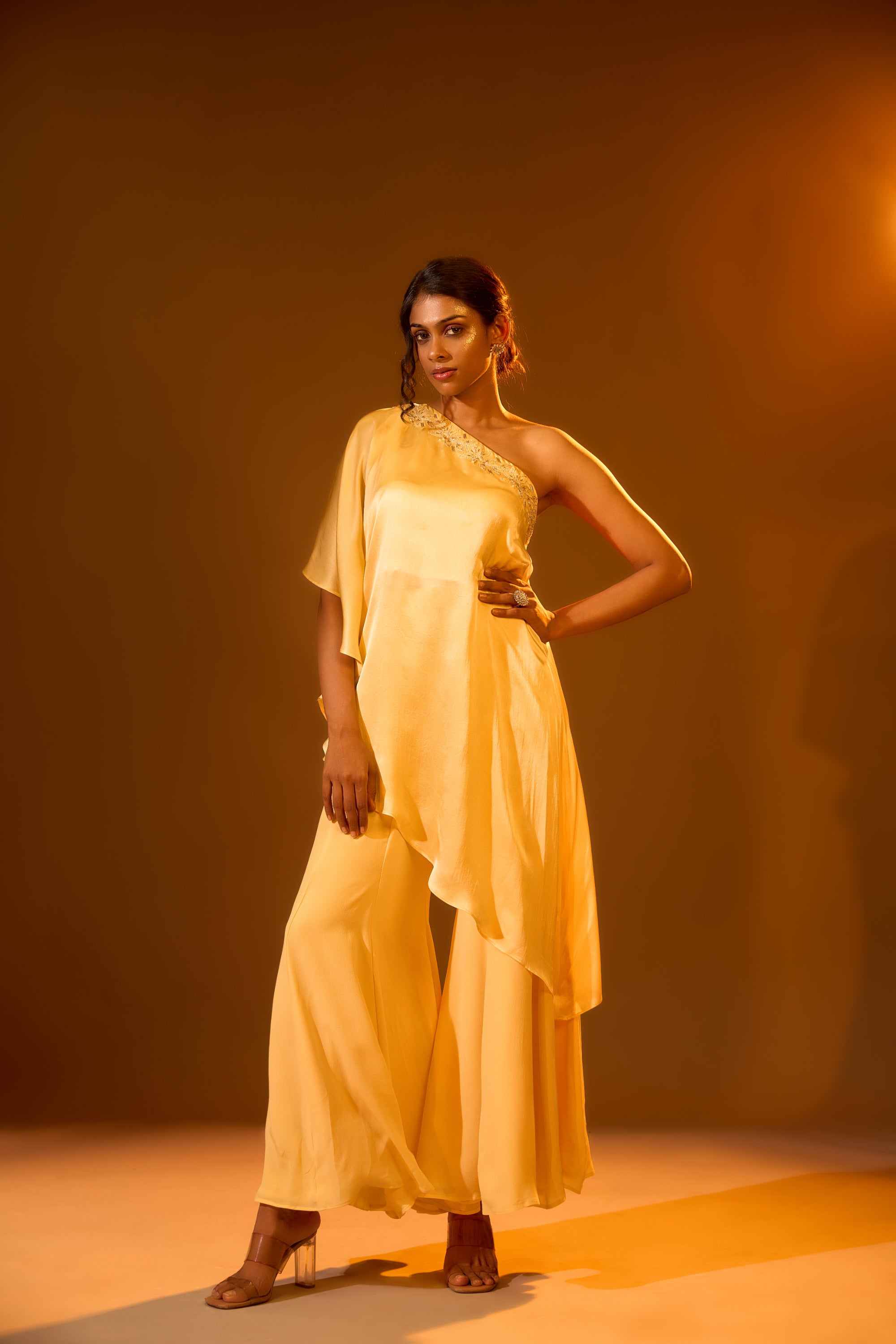 One-Shoulder Dori Embroidered Top & Flared Sharara Pants