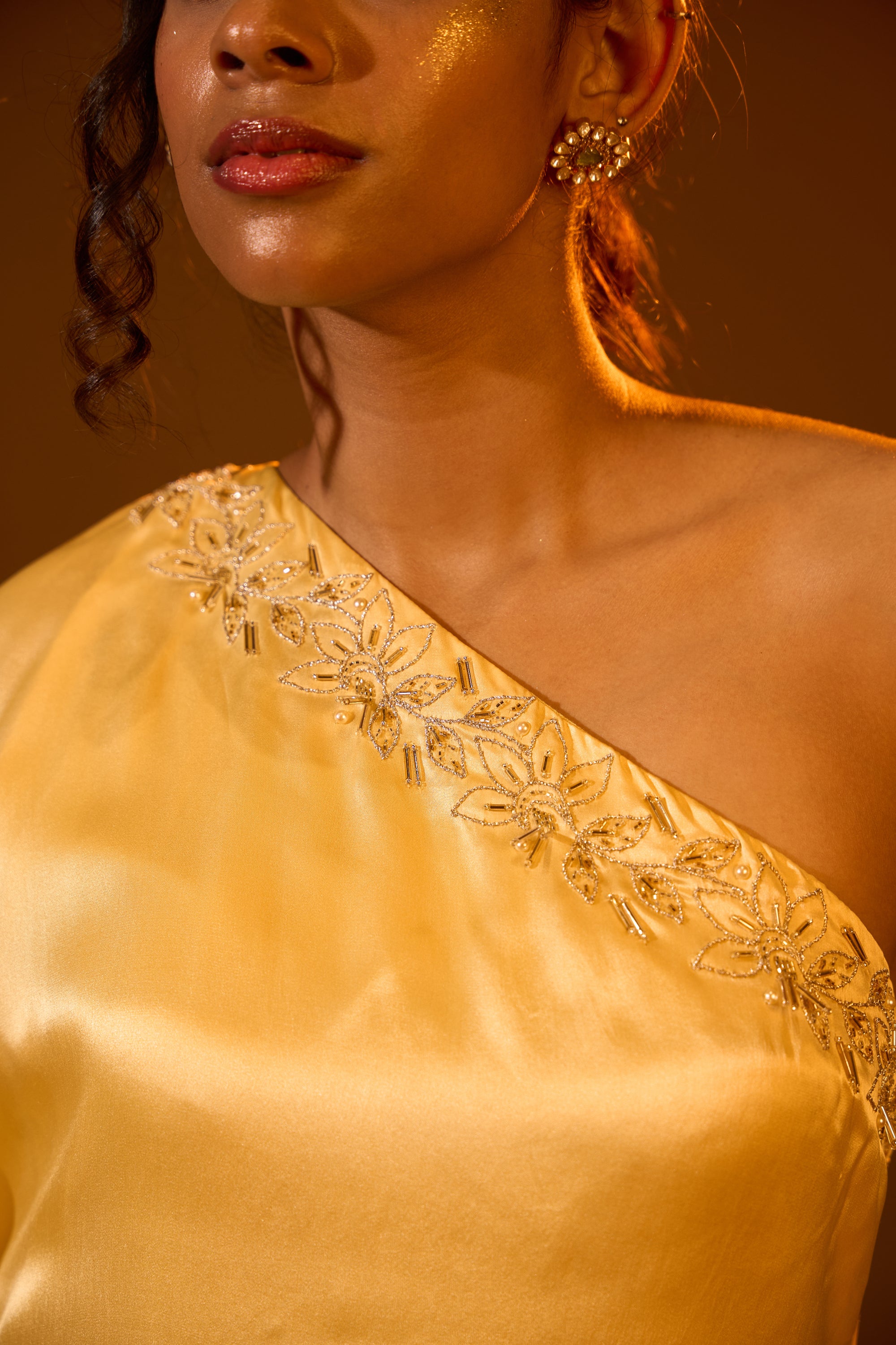 One-Shoulder Dori Embroidered Top & Flared Sharara Pants
