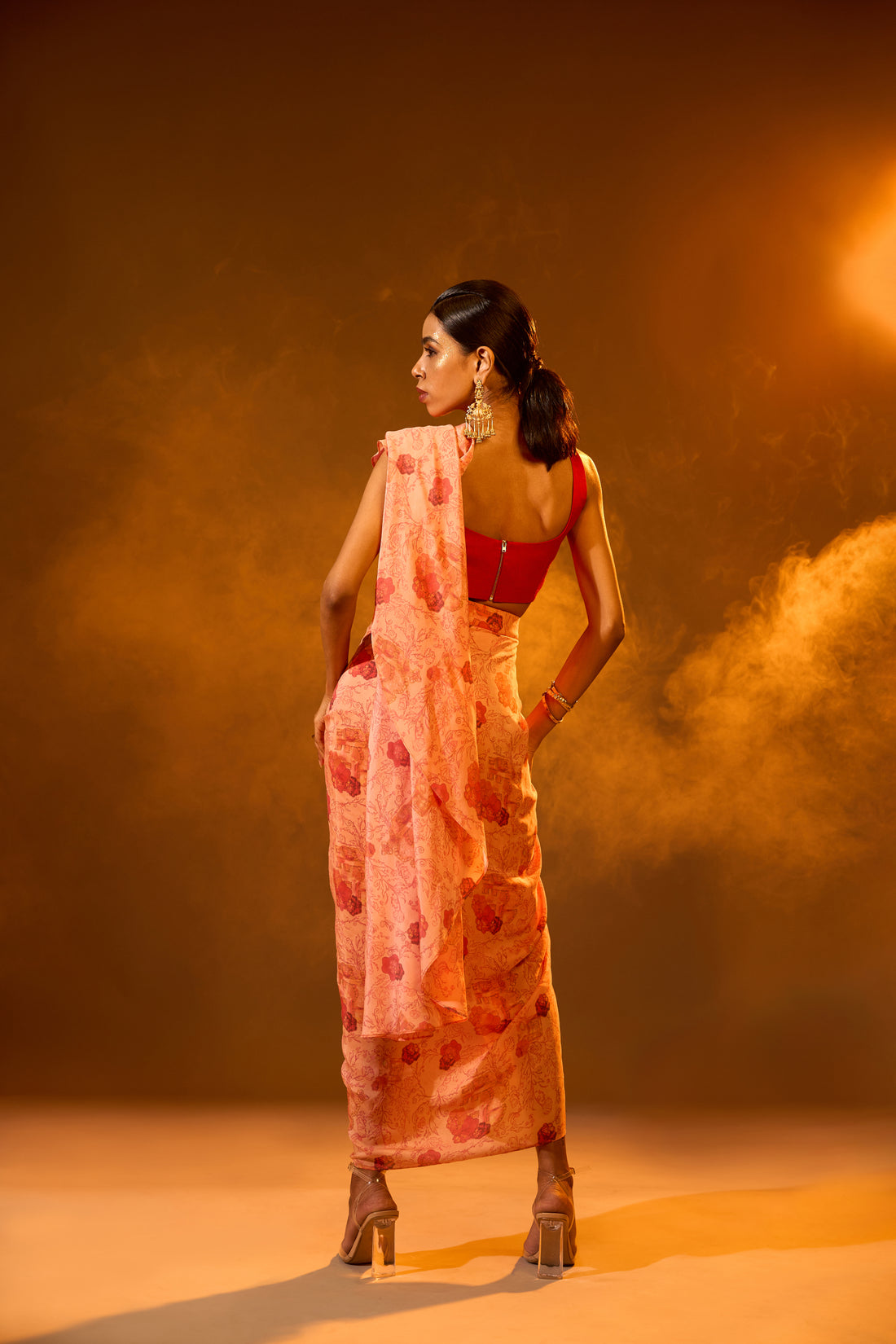 Strapped Tube Embellished Blouse & Printed Pre-draped Detachable Saree