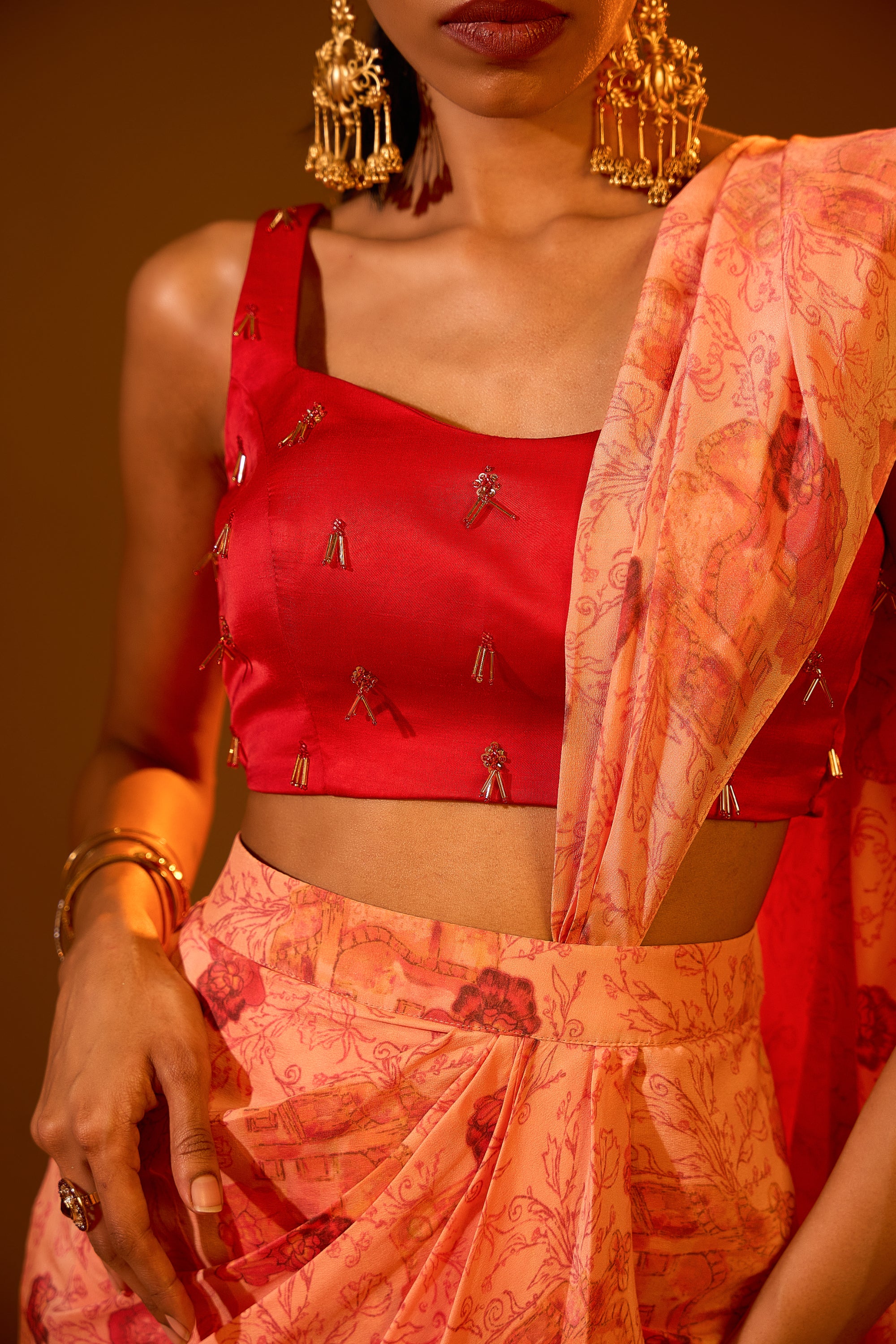 Strapped Tube Embellished Blouse & Printed Pre-draped Detachable Saree