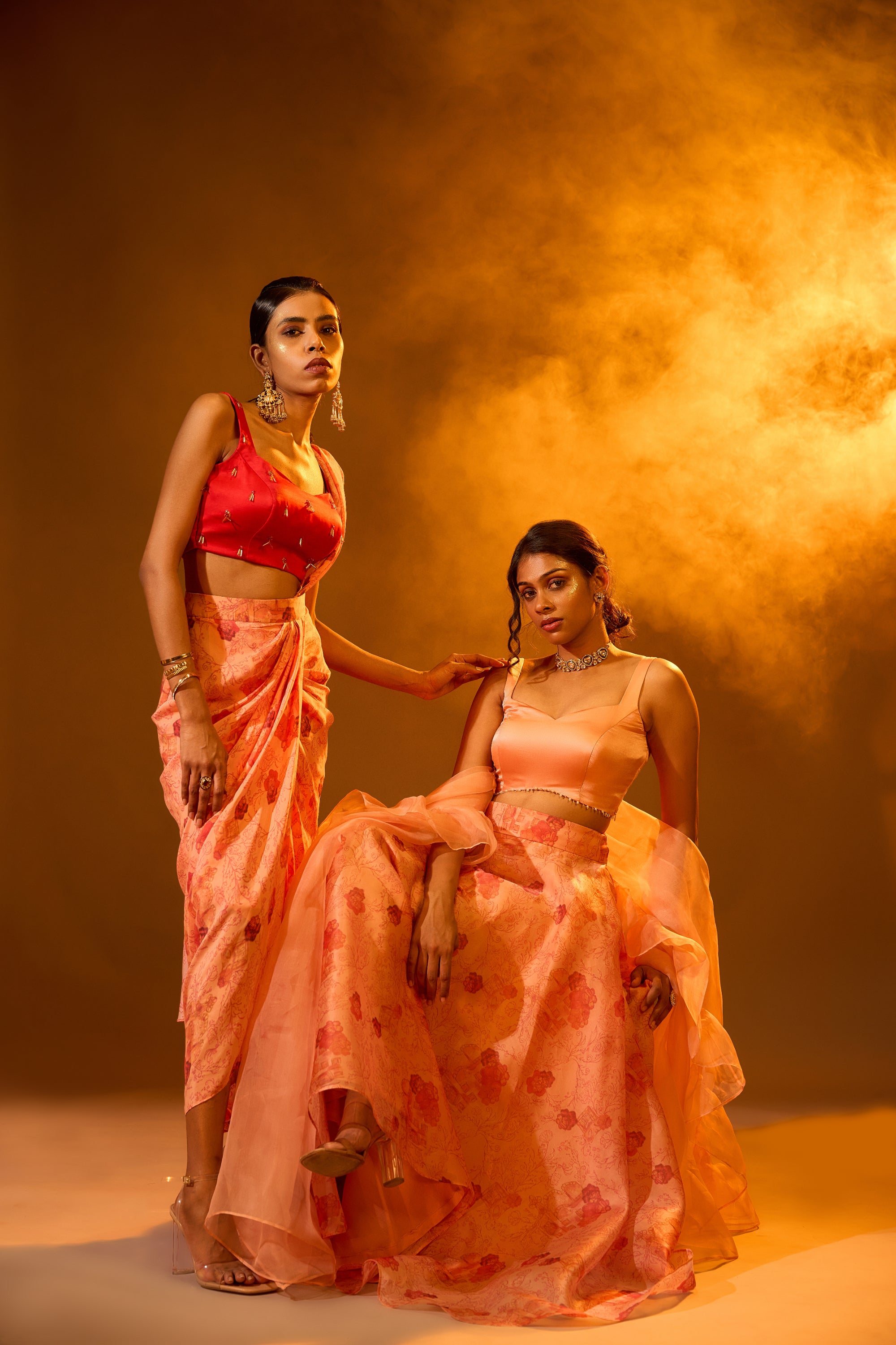 Strapped Tube Embellished Blouse & Printed Pre-draped Detachable Saree
