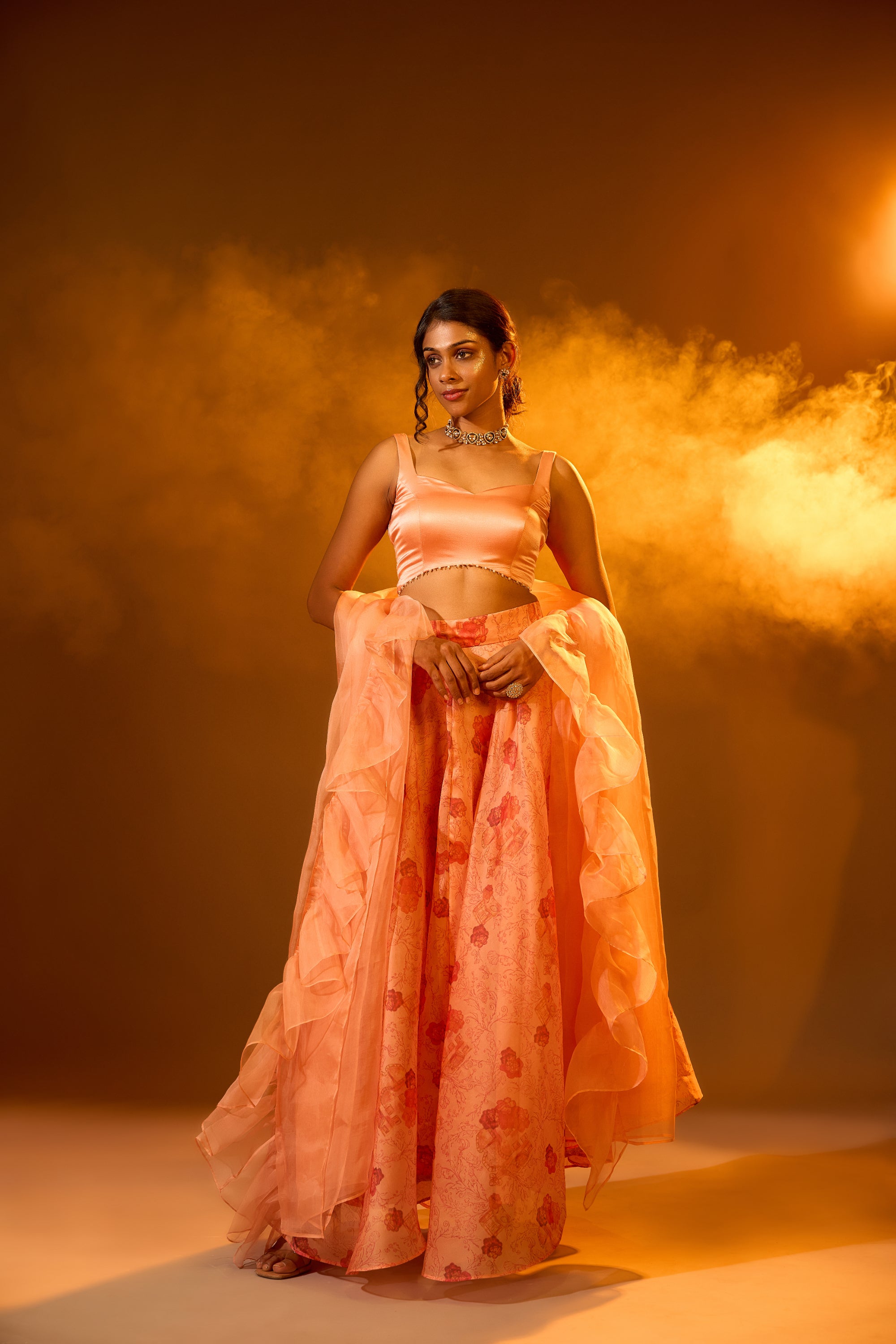 Embellished Backless Strap Blouse, Asymmetric Printed Lehenga & Ruffle Dupatta