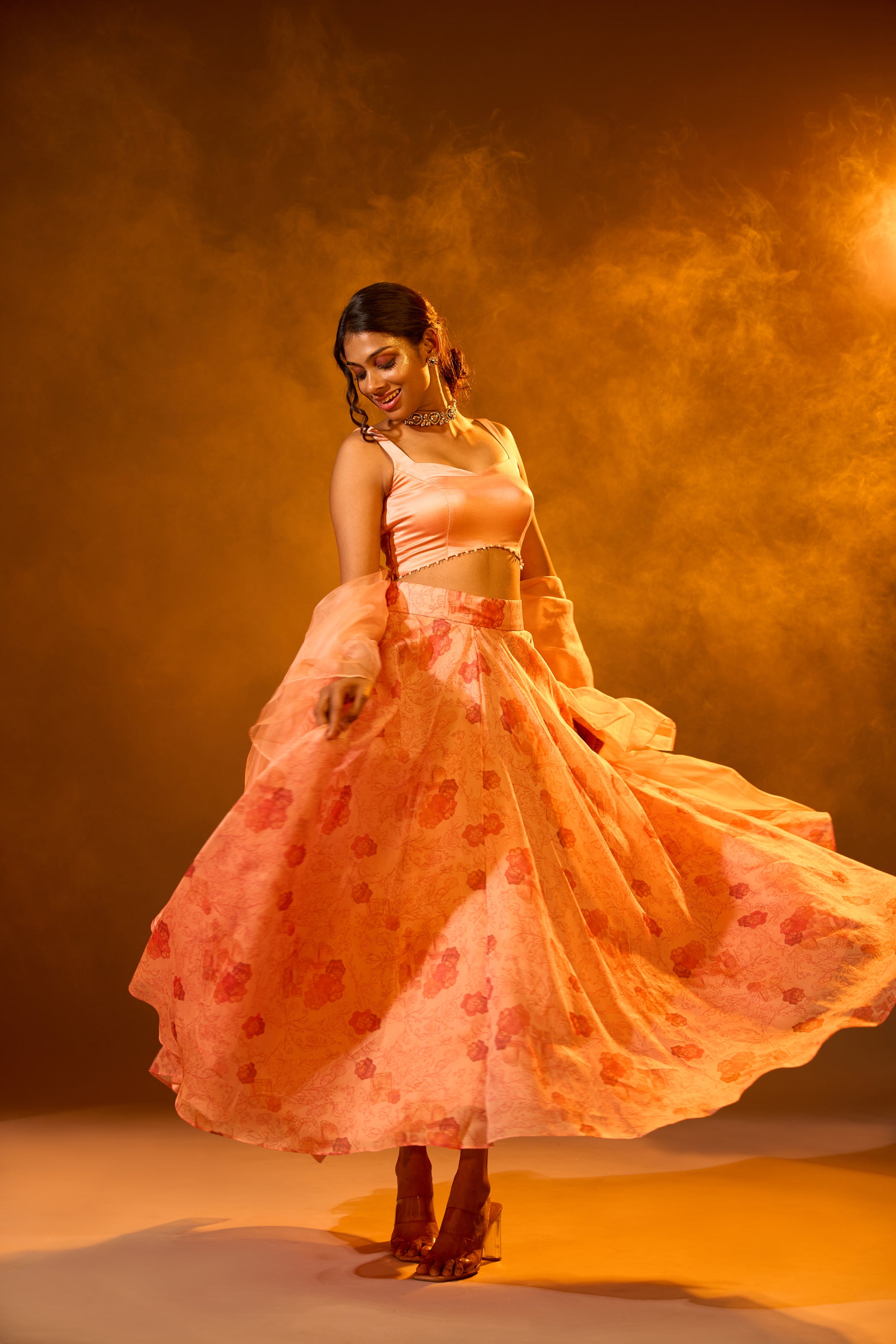 Embellished Backless Strap Blouse, Asymmetric Printed Lehenga & Ruffle Dupatta