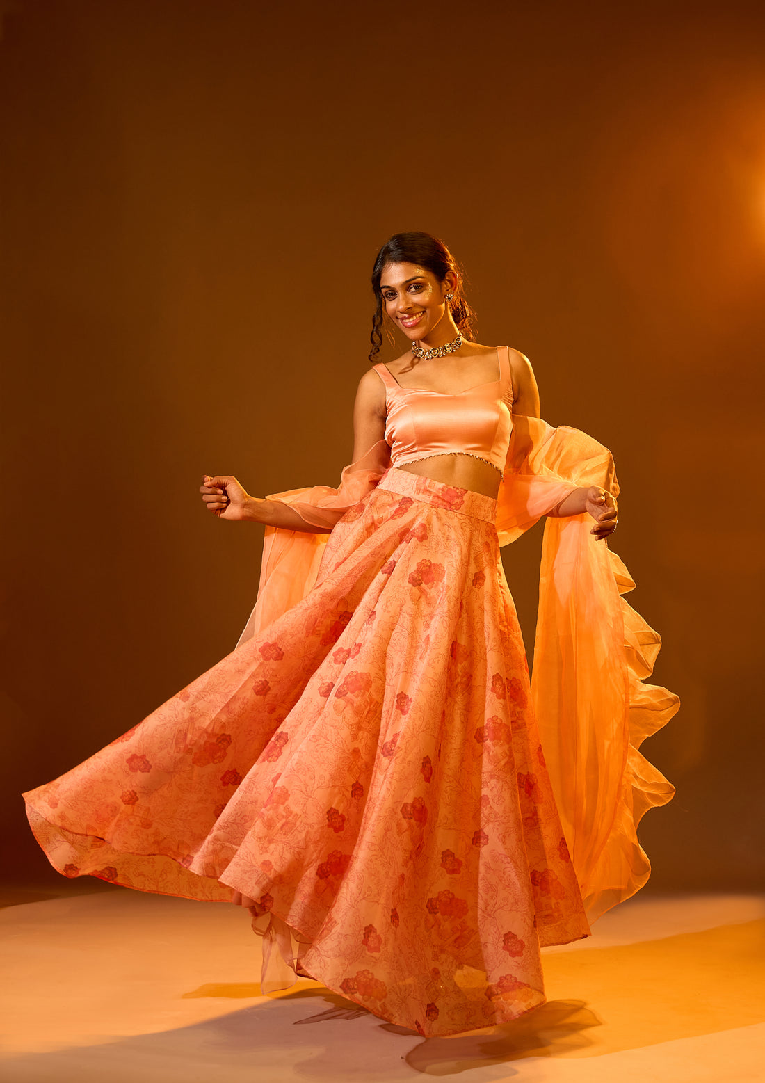 Embellished Backless Strap Blouse, Asymmetric Printed Lehenga & Ruffle Dupatta