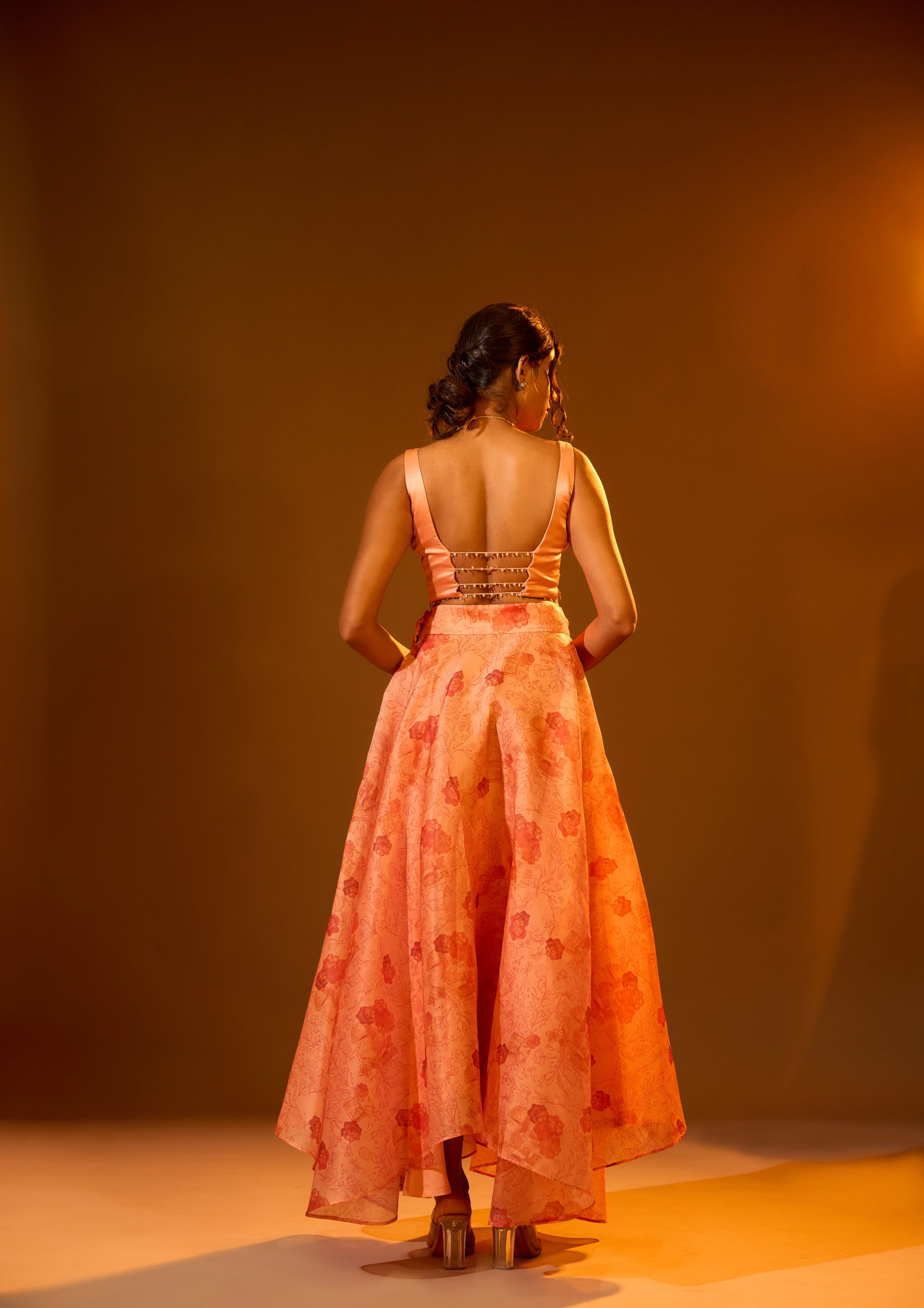 Embellished Backless Strap Blouse, Asymmetric Printed Lehenga & Ruffle Dupatta