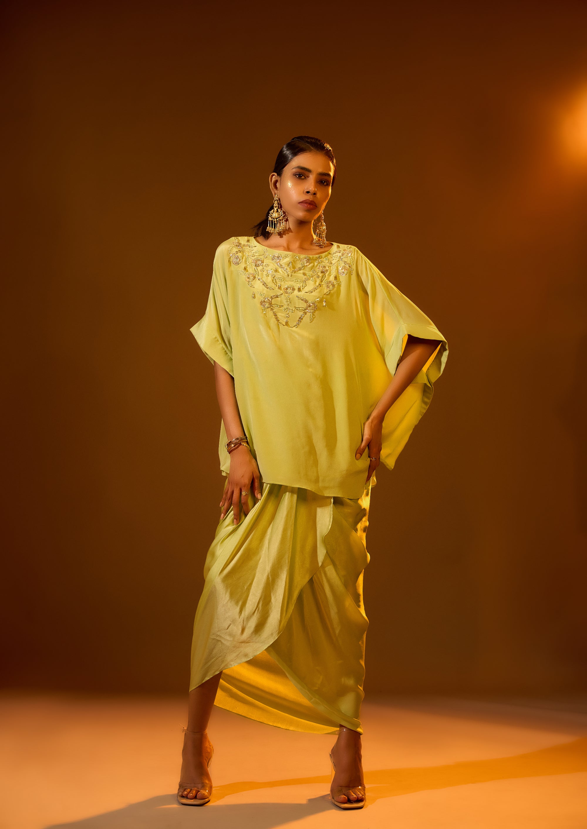 Embroidered Neckline Cape Top & Overlap Pleated Skirt