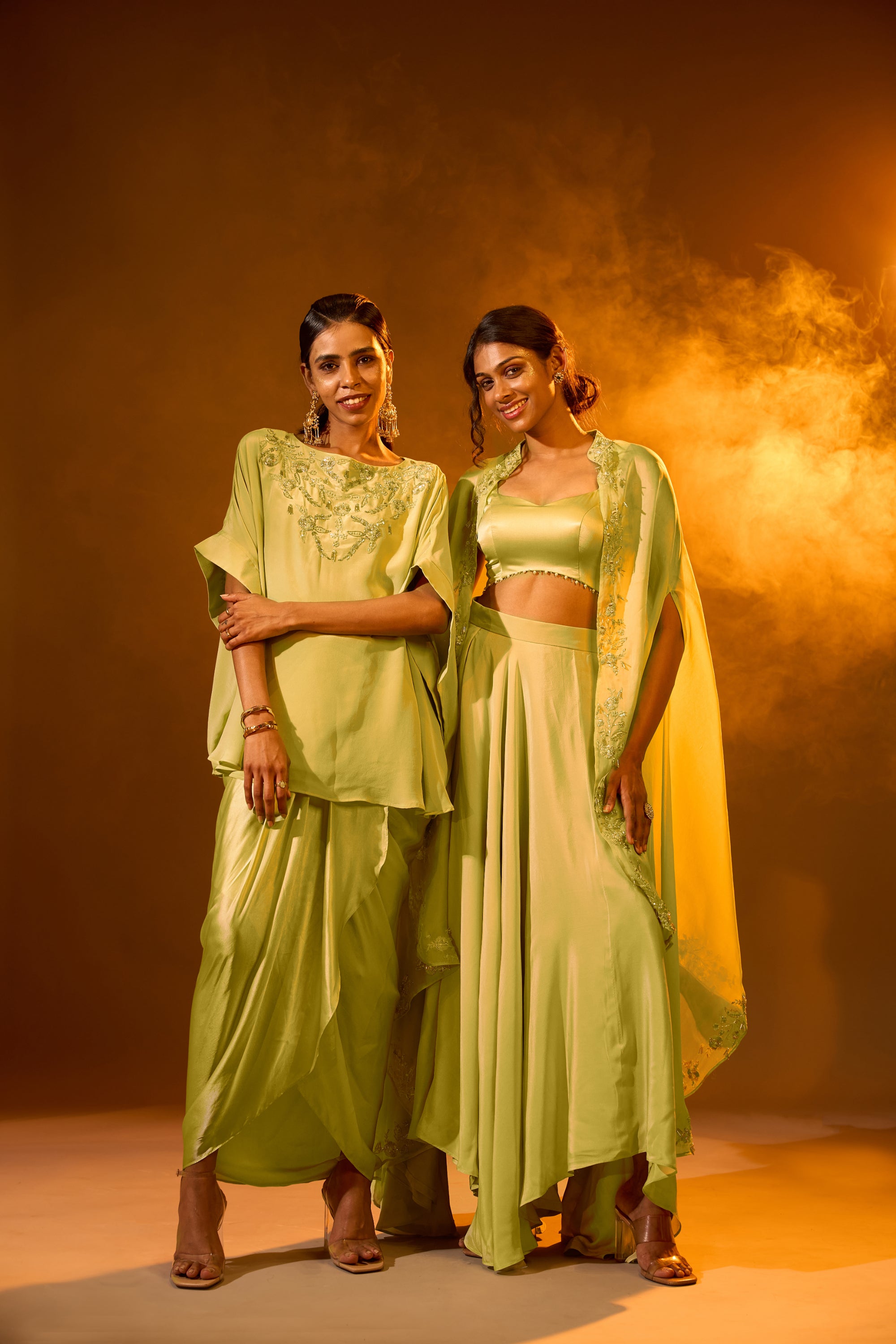 Embroidered Neckline Cape Top & Overlap Pleated Skirt