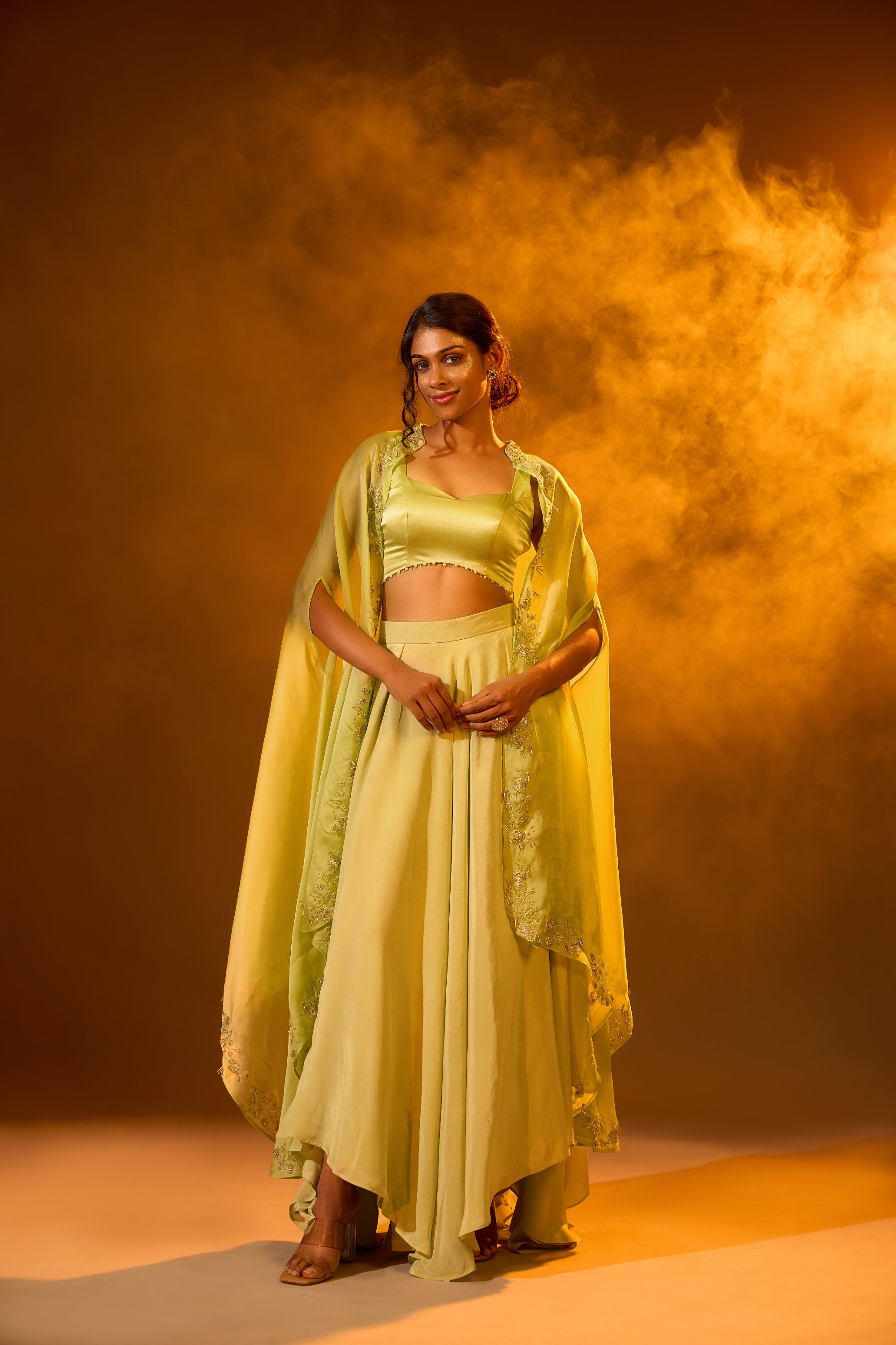Embellished Backless Strap Blouse, High-low Embroidered Motifs Cape & Asymmetric Lehenga