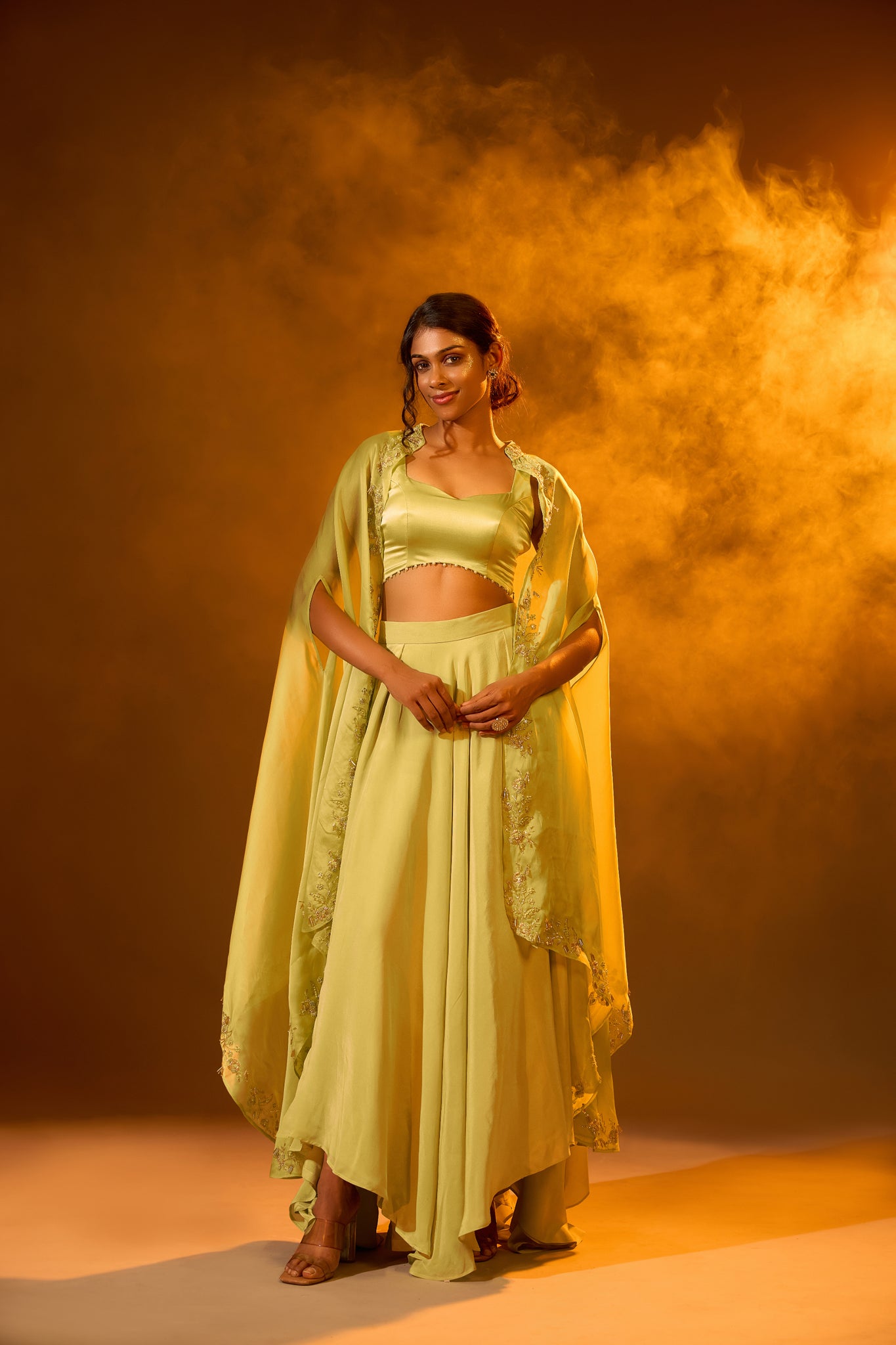 Embellished Backless Strap Blouse, High-low Embroidered Motifs Cape & Asymmetric Lehenga