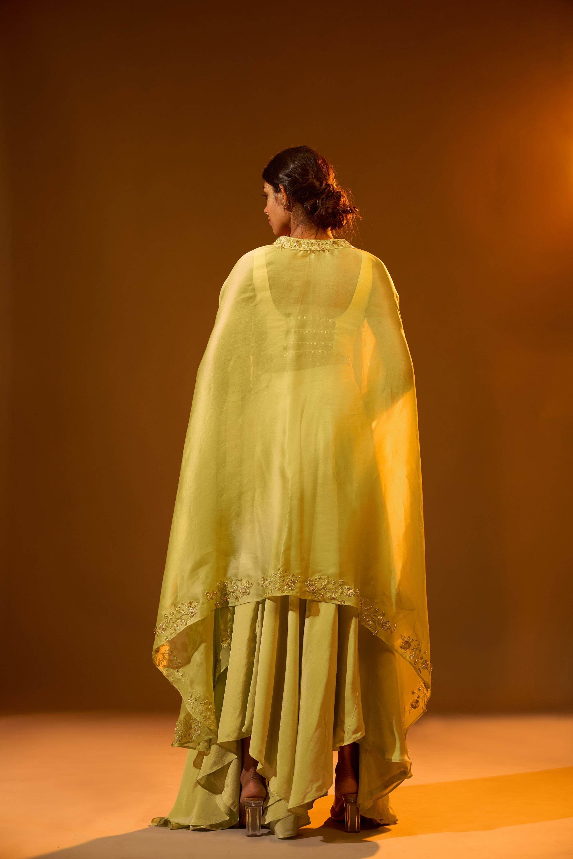 Embellished Backless Strap Blouse, High-low Embroidered Motifs Cape & Asymmetric Lehenga
