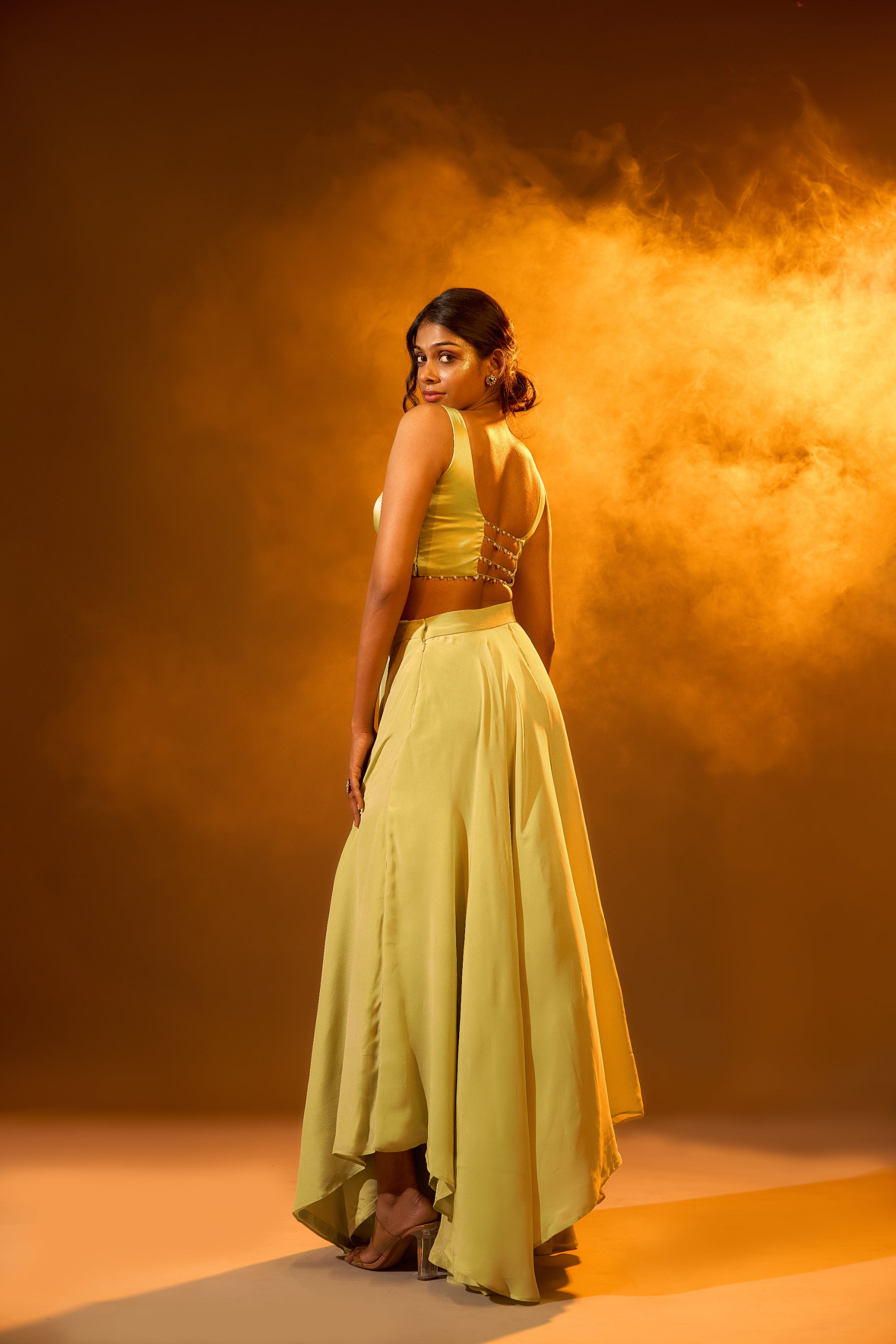 Embellished Backless Strap Blouse, High-low Embroidered Motifs Cape & Asymmetric Lehenga