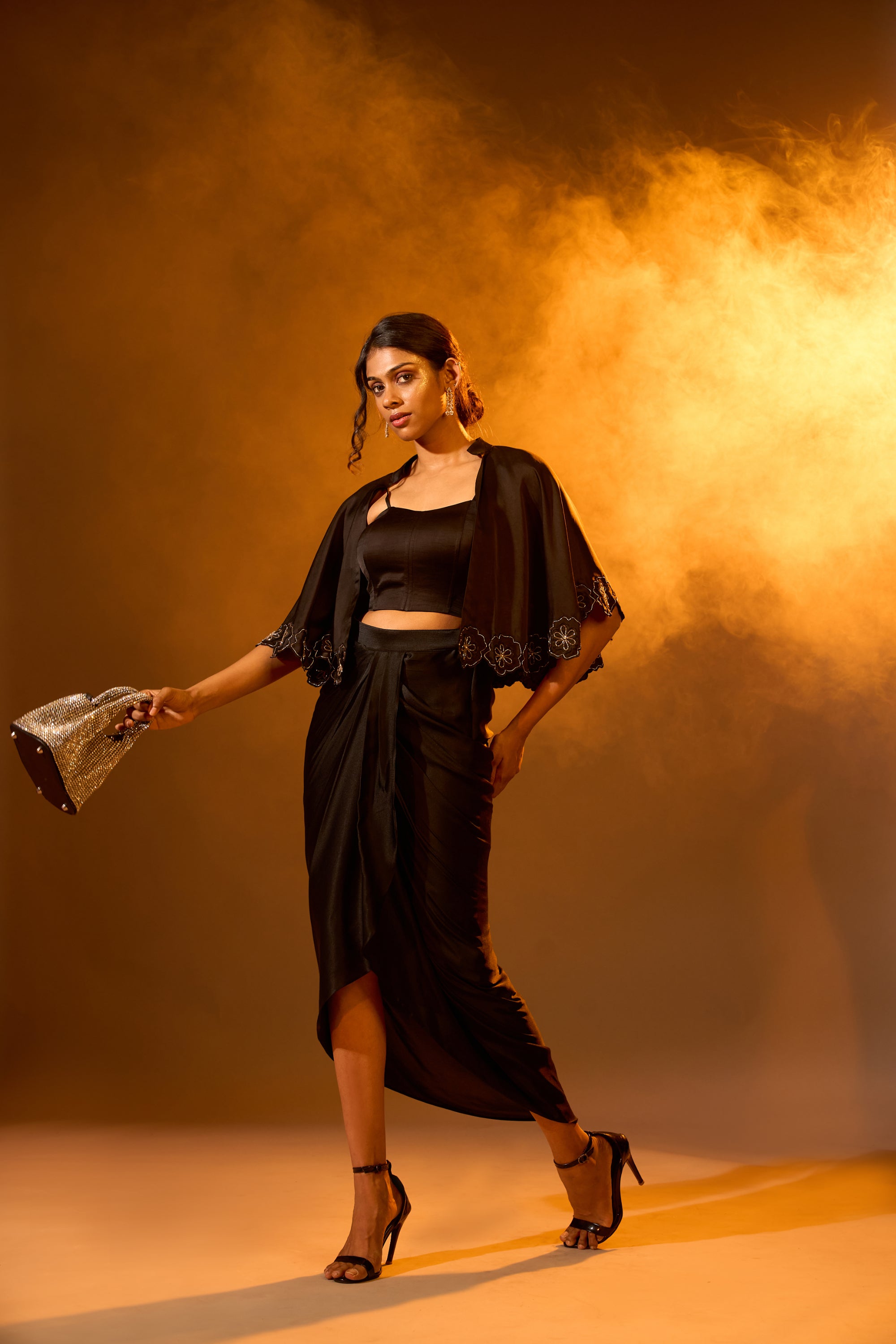 Strapped Satin Raw Silk Corset, ROJA Cut-Work Cape & Overlap Pleated Skirt
