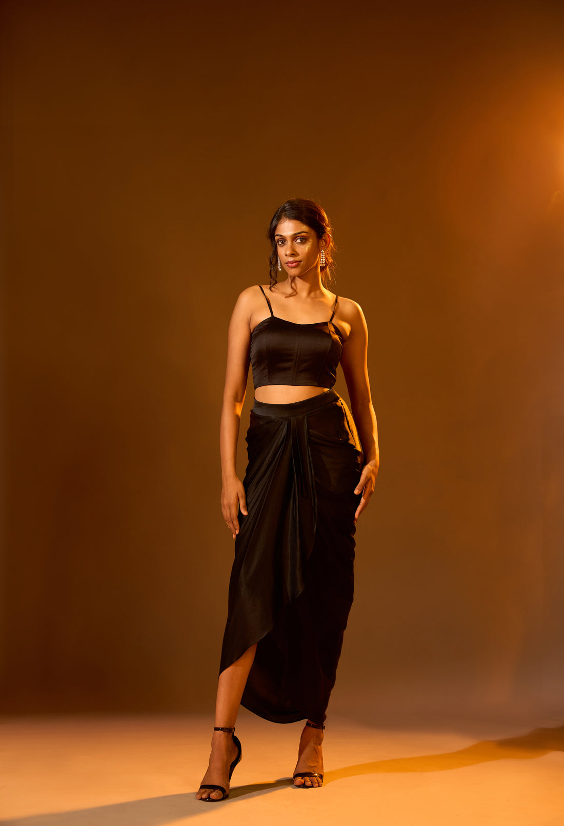 Strapped Satin Raw Silk Corset, ROJA Cut-Work Cape & Overlap Pleated Skirt