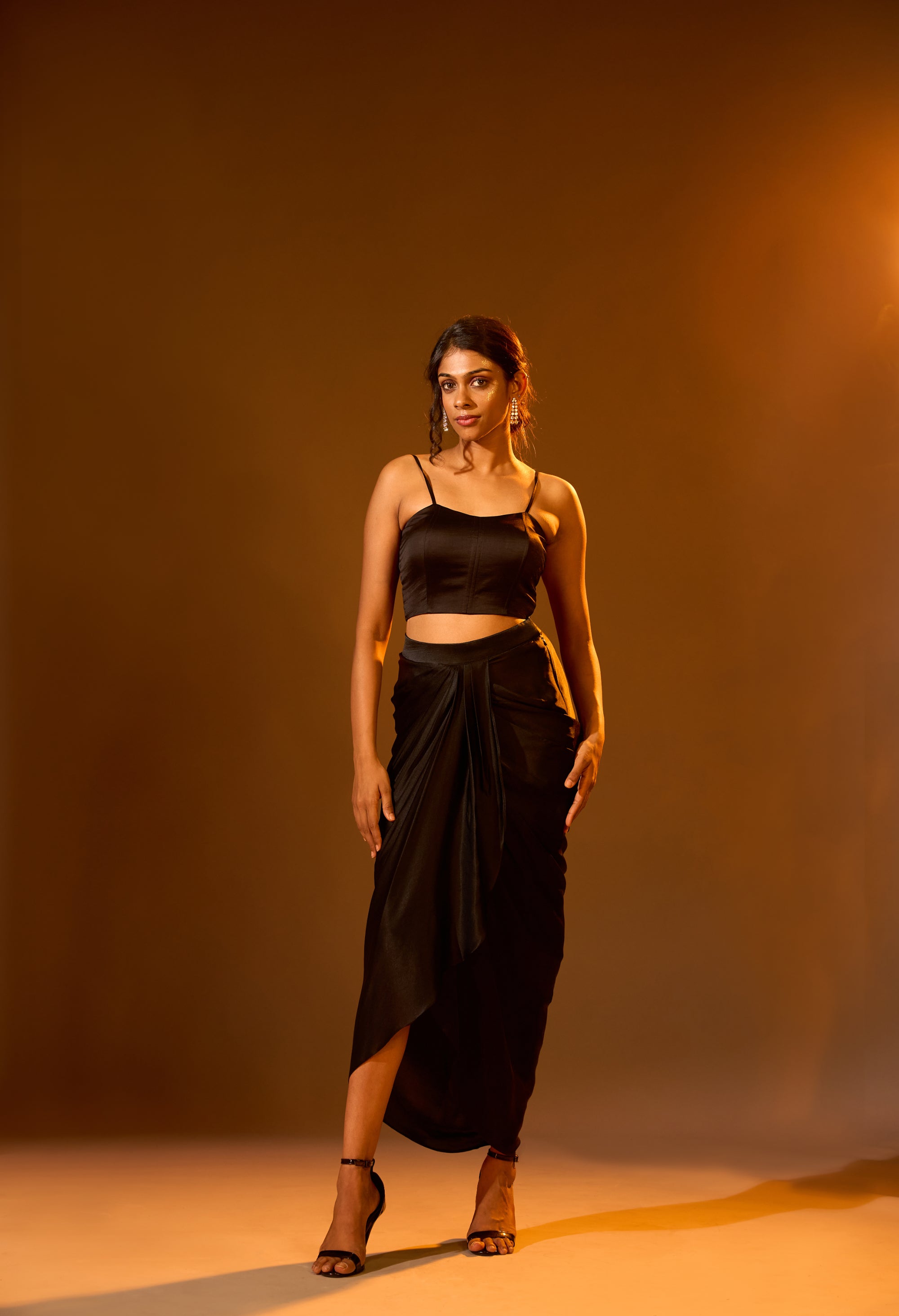 Strapped Satin Raw Silk Corset, ROJA Cut-Work Cape & Overlap Pleated Skirt