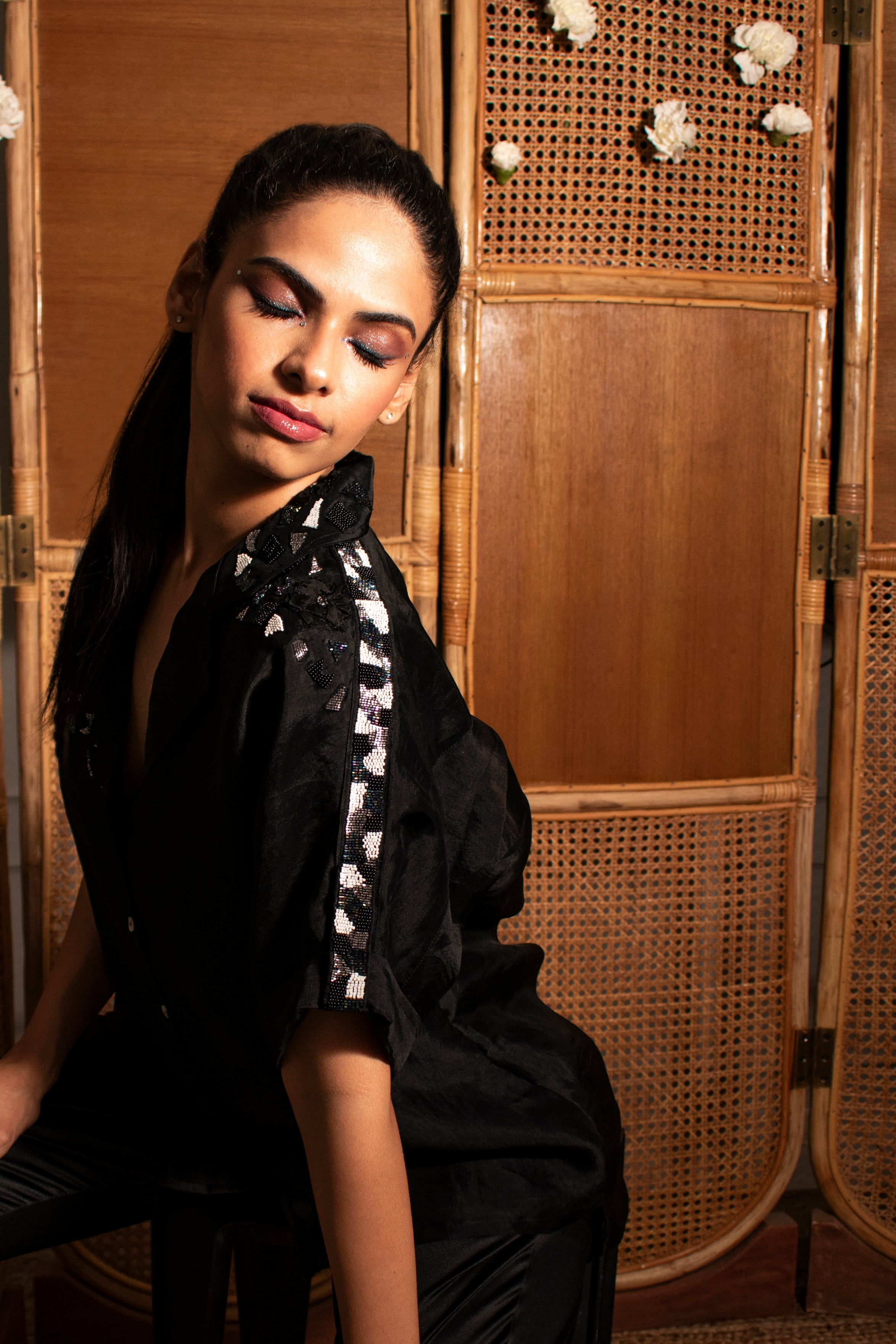 Mosaic Embellished Organza Shirt & Cigarette Pants
